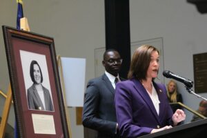 Portrait of Michigan’s first female Senate majority leader, Winnie Brinks, unveiled at the Capitol
